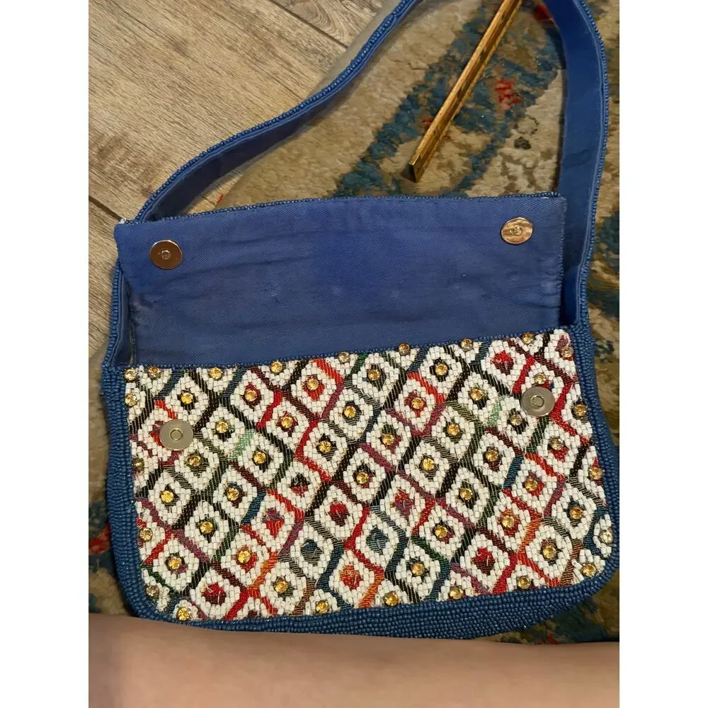 Anthropologie Maeve Fiona Beaded Bag Shoulder Straps Blue - Picture 6 of 9